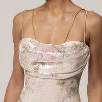 « Sienna » — Robe Mi-Longue Pailletée Fleurie, Ivoire