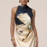 « Fleur de Lune » — Robe Mini Drapée à Imprimé Floral, Bleu Marine