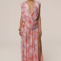 « Fleur du Soir » — Robe Longue Fleurie Drapée, Rose