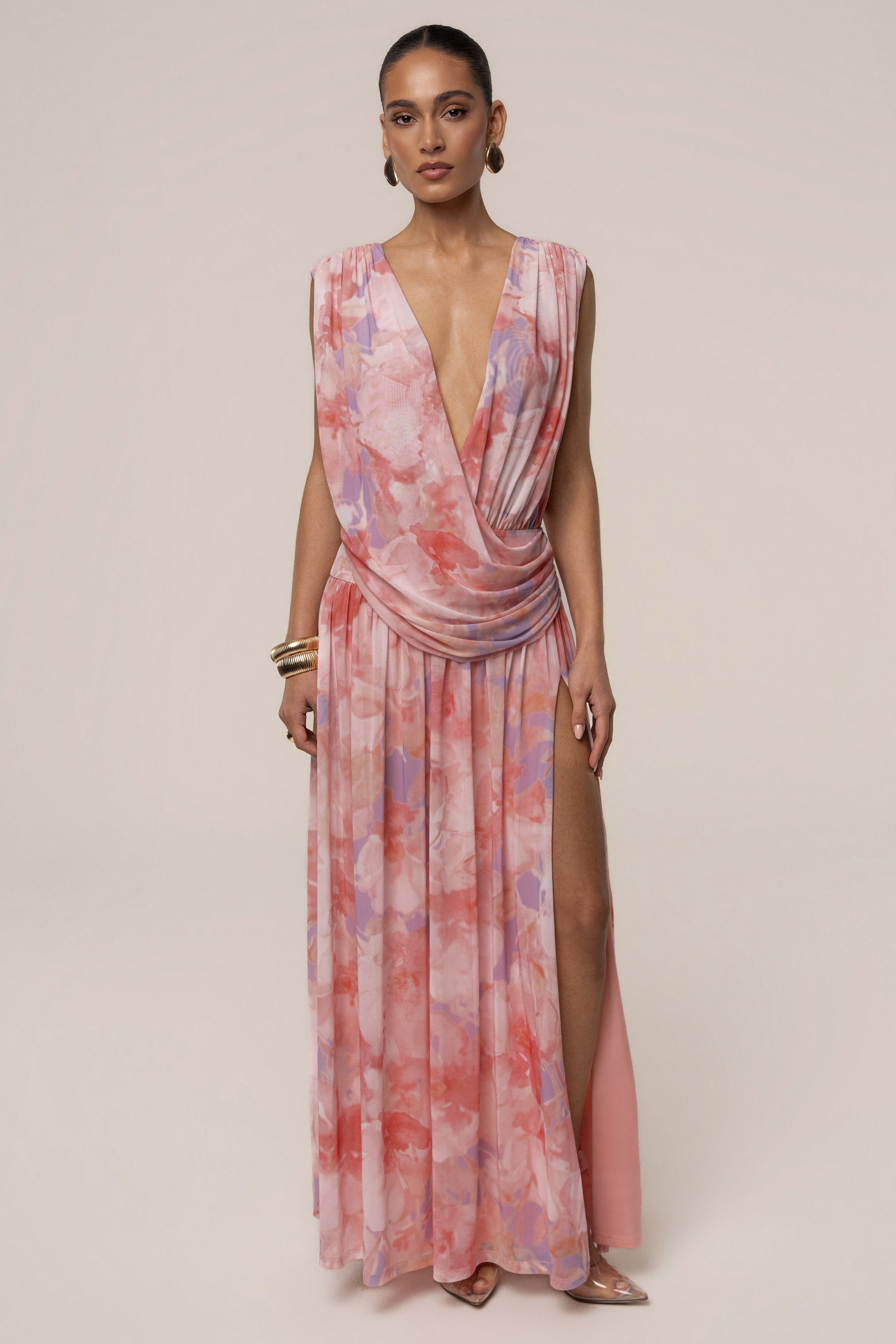 « Fleur du Soir » — Robe Longue Fleurie Drapée, Rose