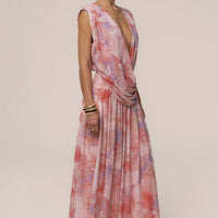 « Fleur du Soir » — Robe Longue Fleurie Drapée, Rose