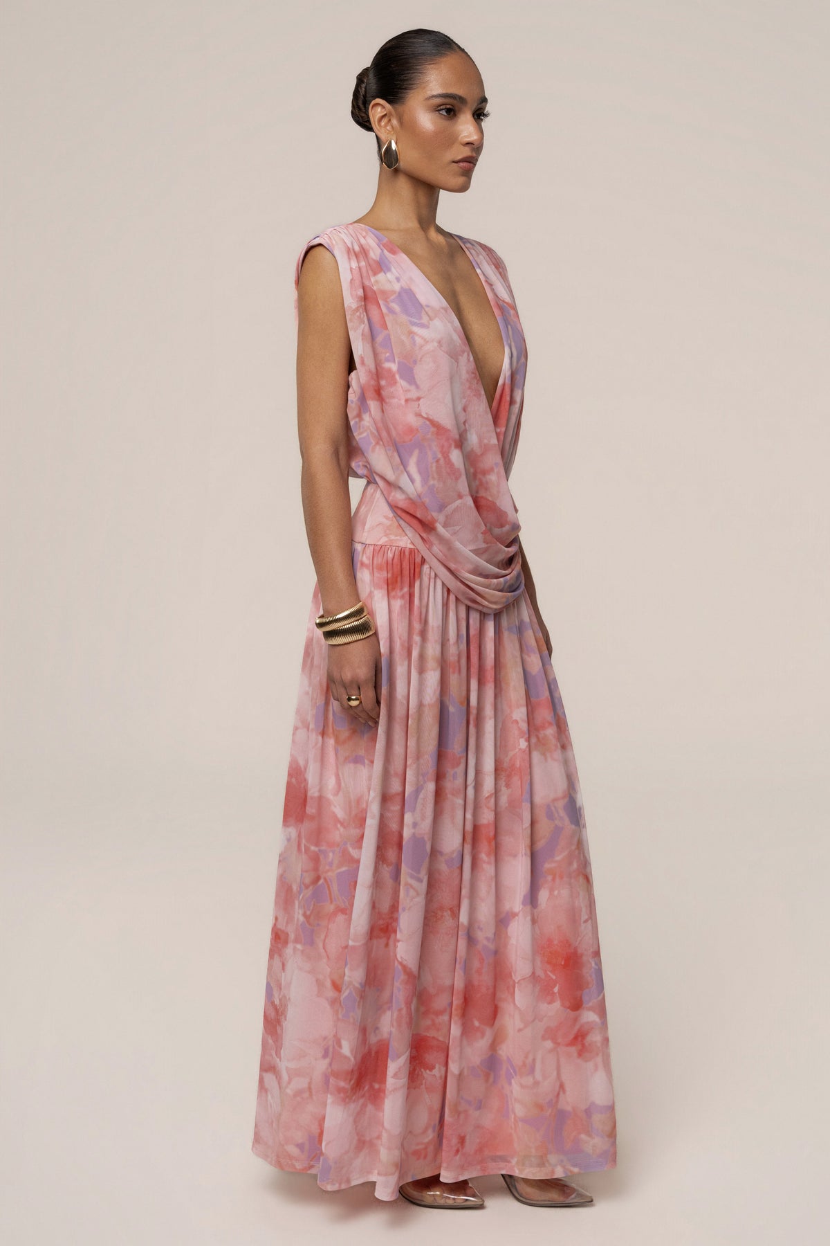 « Fleur du Soir » — Robe Longue Fleurie Drapée, Rose