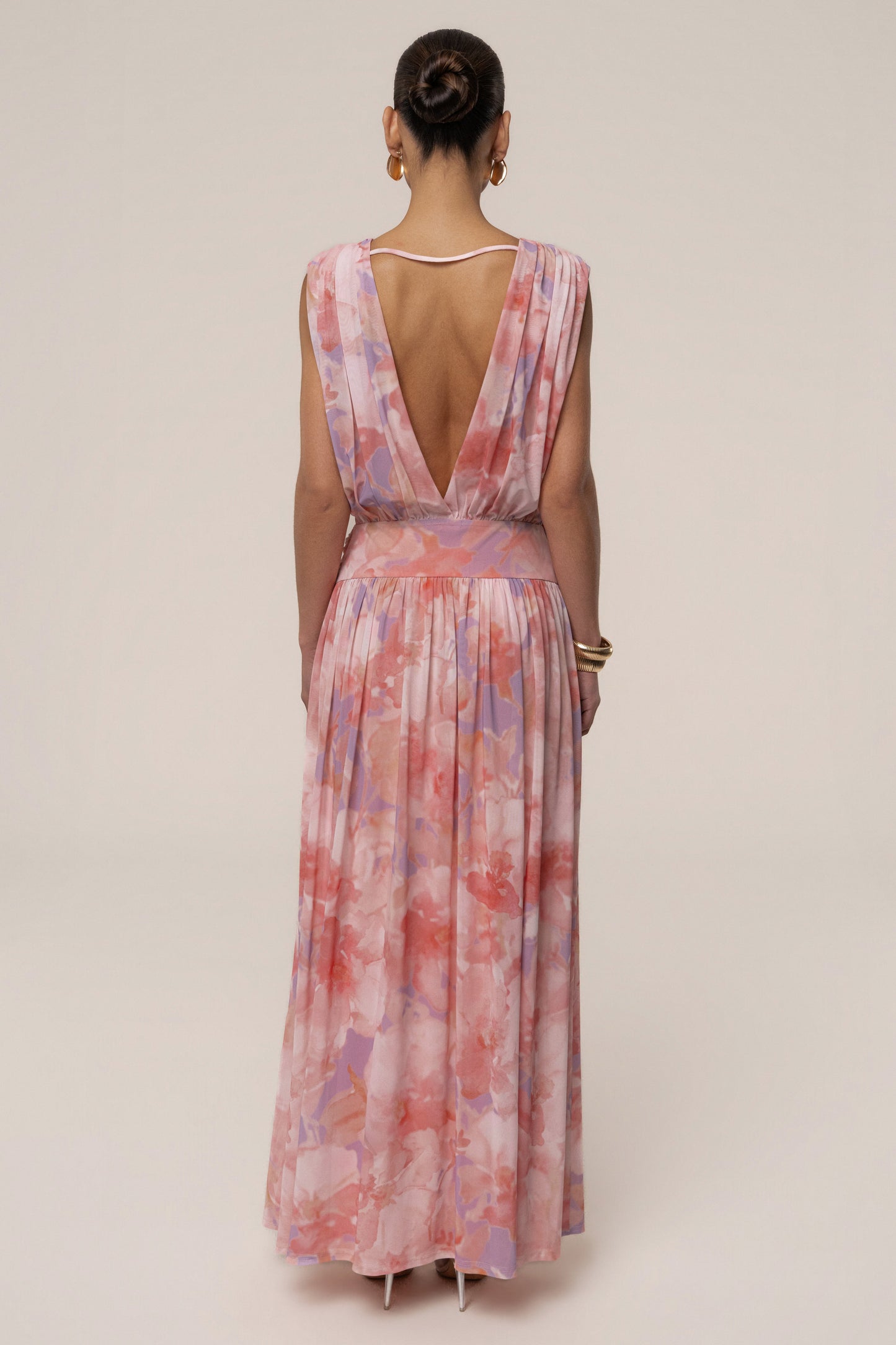 « Fleur du Soir » — Robe Longue Fleurie Drapée, Rose