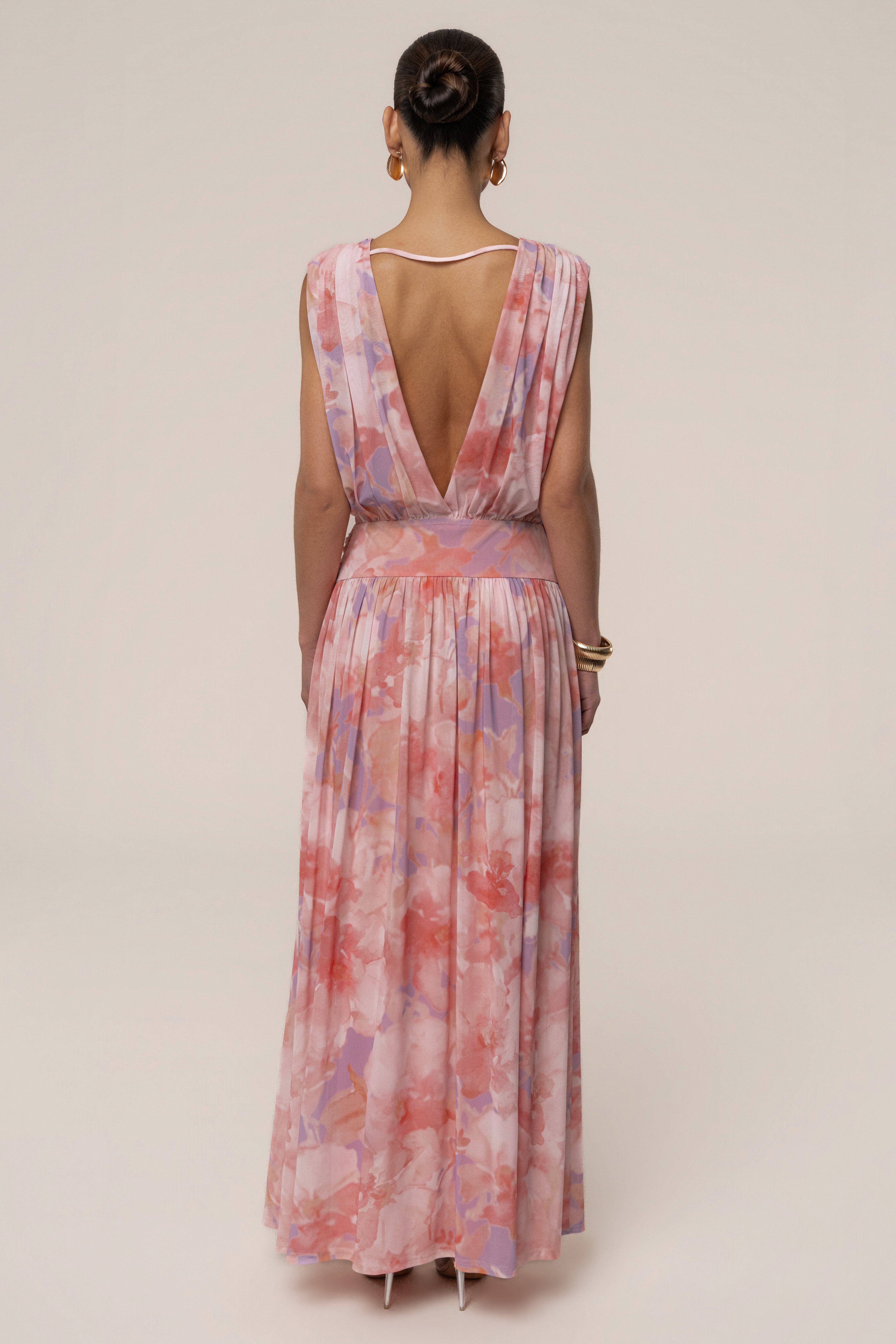 « Fleur du Soir » — Robe Longue Fleurie Drapée, Rose