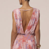 « Fleur du Soir » — Robe Longue Fleurie Drapée, Rose
