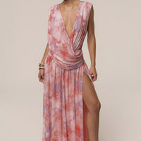 « Fleur du Soir » — Robe Longue Fleurie Drapée, Rose