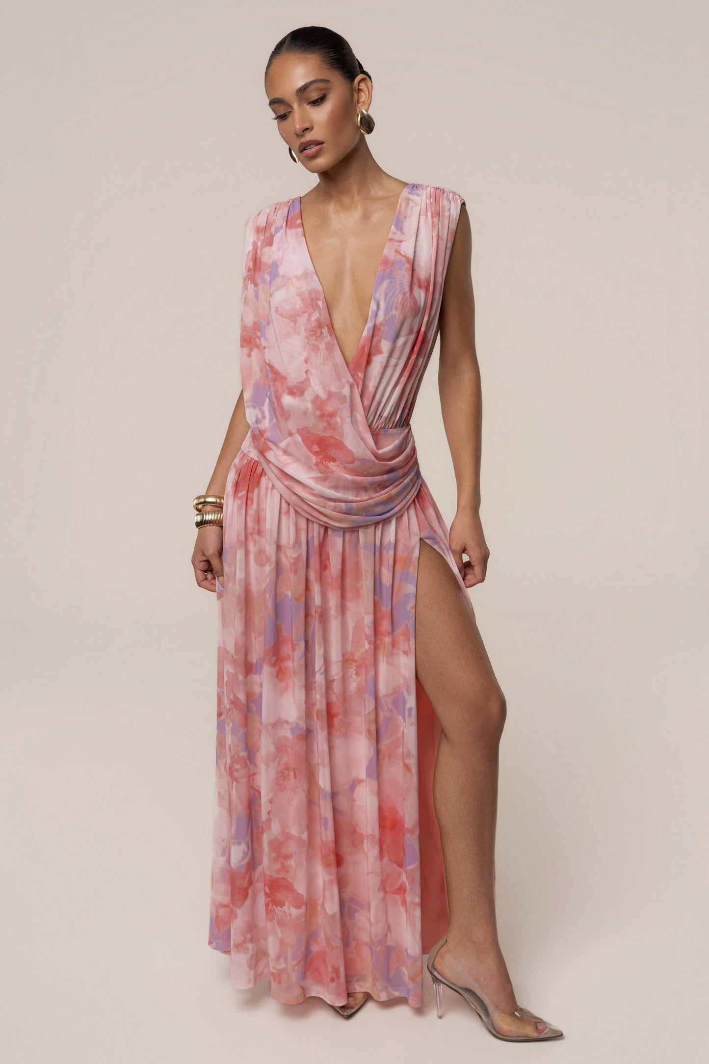 « Fleur du Soir » — Robe Longue Fleurie Drapée, Rose