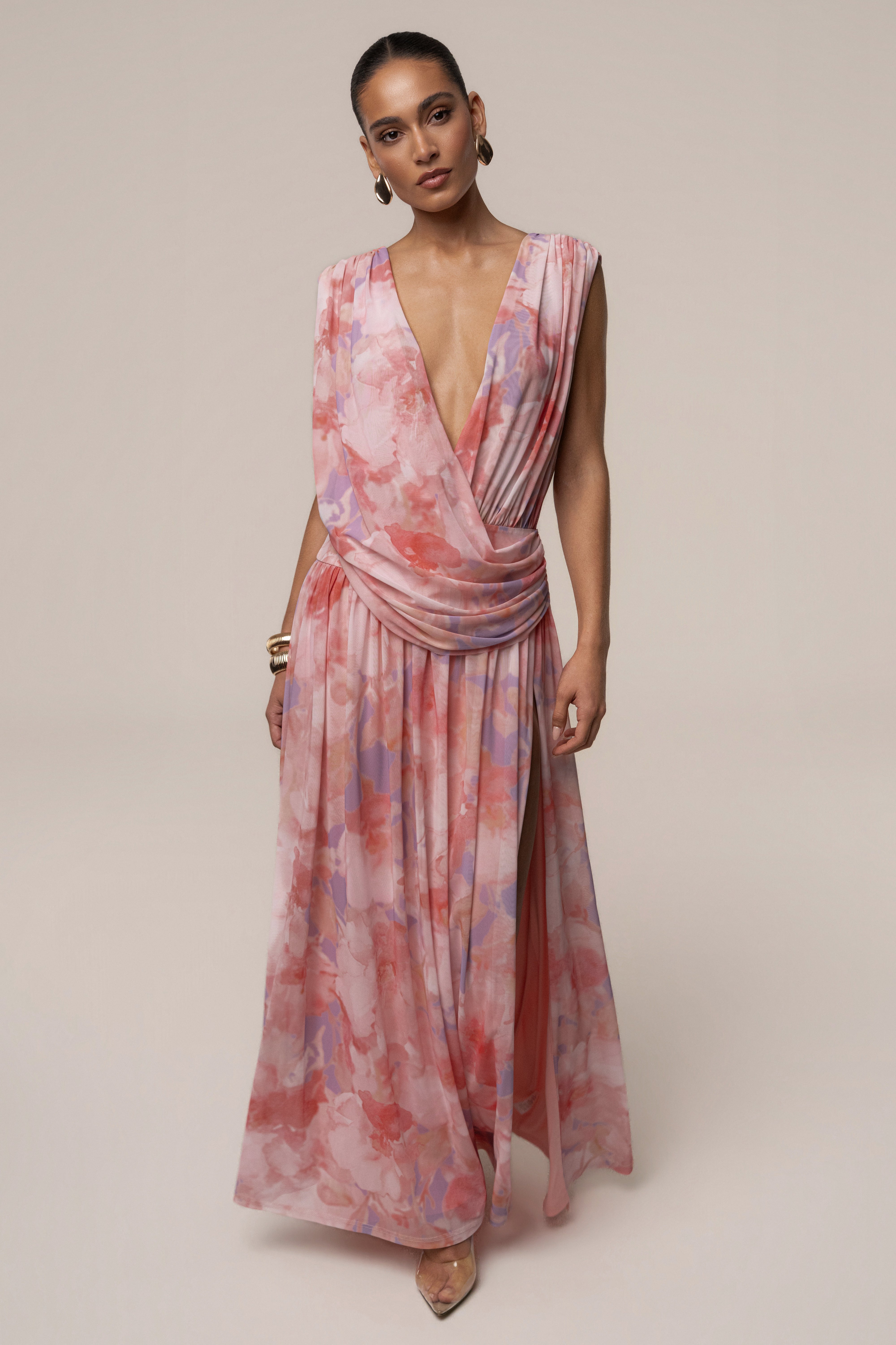 « Fleur du Soir » — Robe Longue Fleurie Drapée, Rose