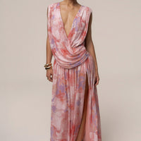 « Fleur du Soir » — Robe Longue Fleurie Drapée, Rose