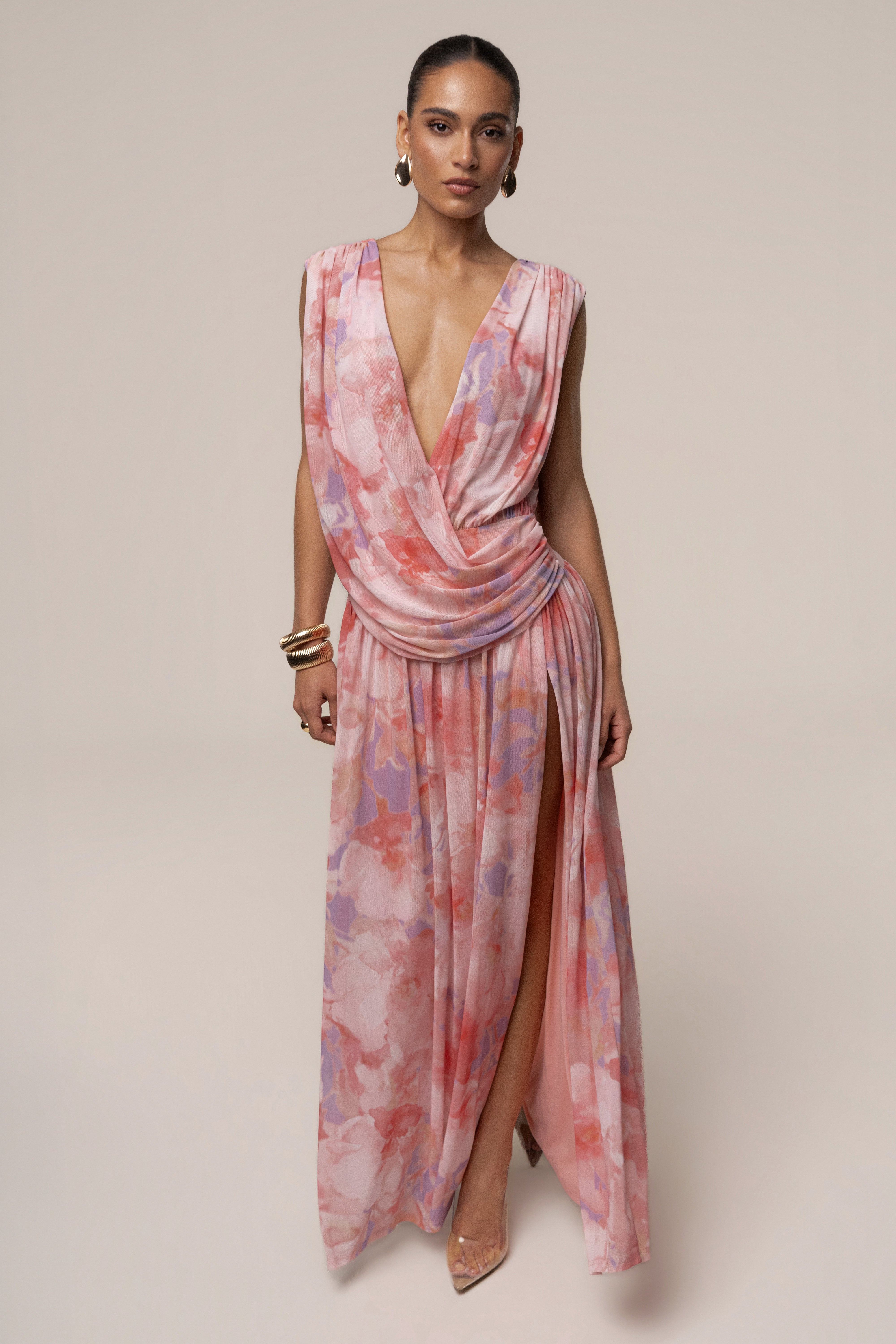 « Fleur du Soir » — Robe Longue Fleurie Drapée, Rose