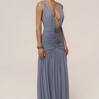 « Soirées Dorées » — Robe Longue Dos Nu Licou, Bleu
