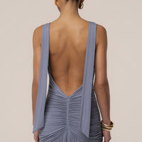 « Soirées Dorées » — Robe Longue Dos Nu Licou, Bleu