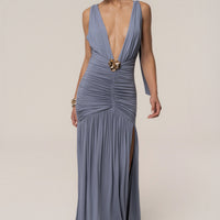 « Soirées Dorées » — Robe Longue Dos Nu Licou, Bleu