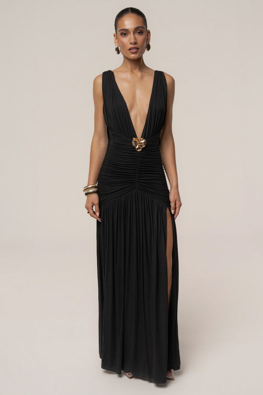 « Soirées Dorées » — Robe Longue Dos Nu Licou, Noir