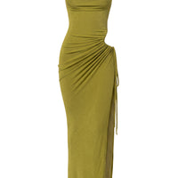 « Haute Exigence » — Robe Longue Drapée Échancrée, Vert Citron