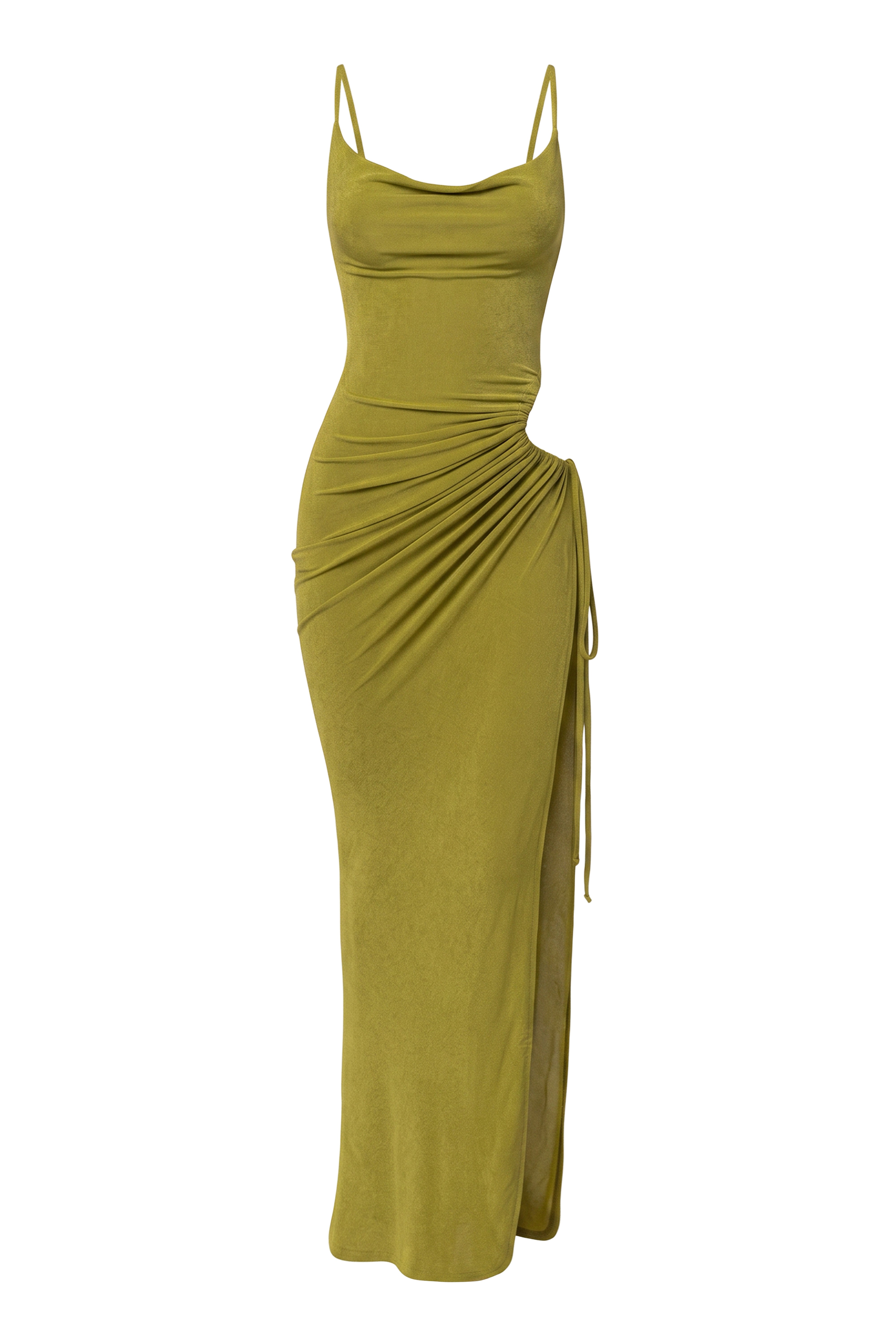 « Haute Exigence » — Robe Longue Drapée Échancrée, Vert Citron