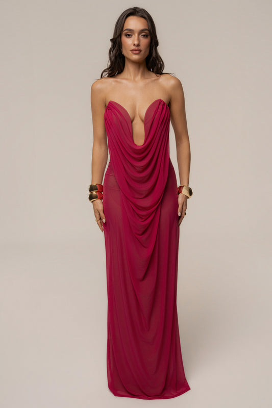 « Sirène » — Robe Longue Sculptante Mesh, Fuchsia
