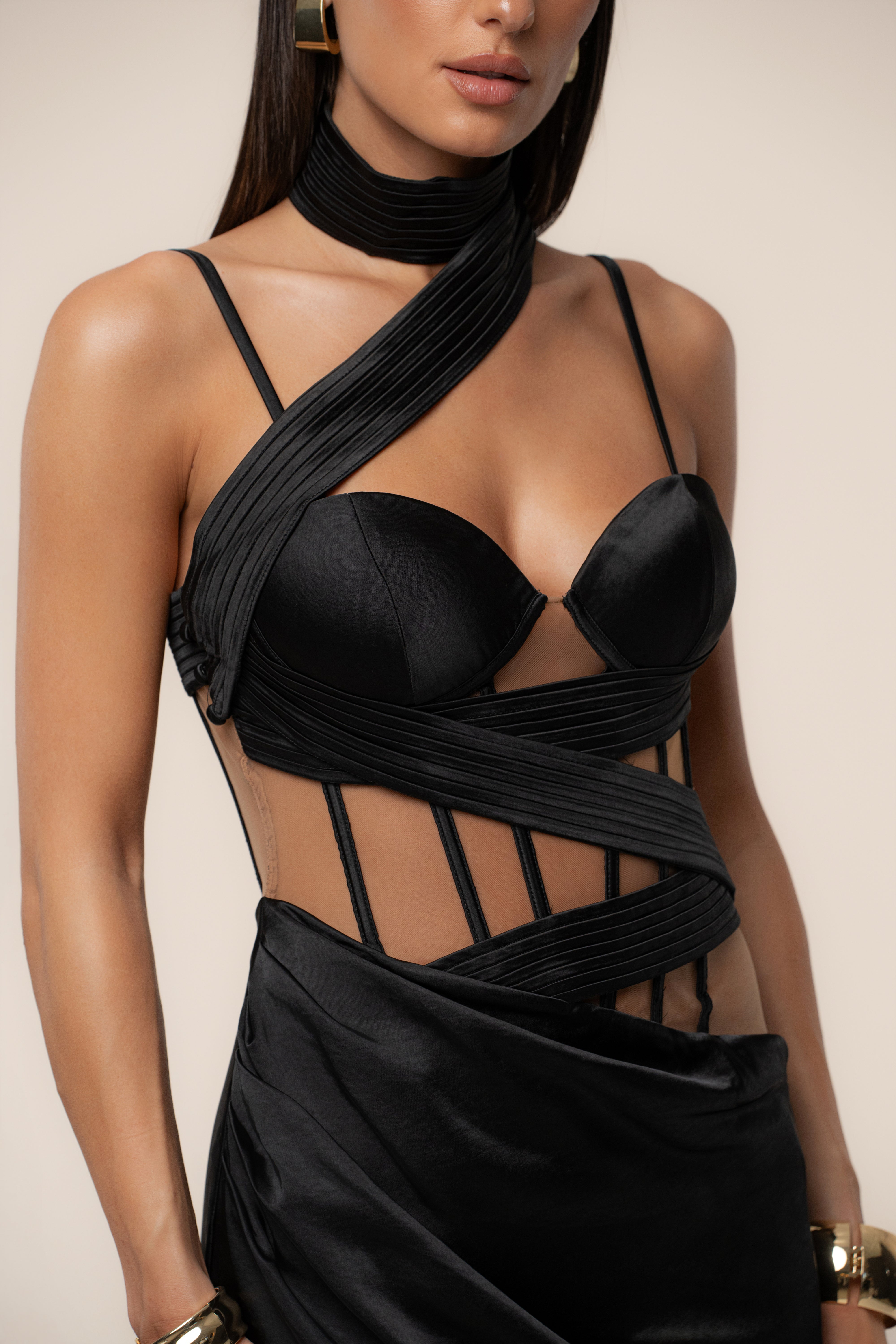 « Heure Dorée » — Robe Longue Corset, Noir