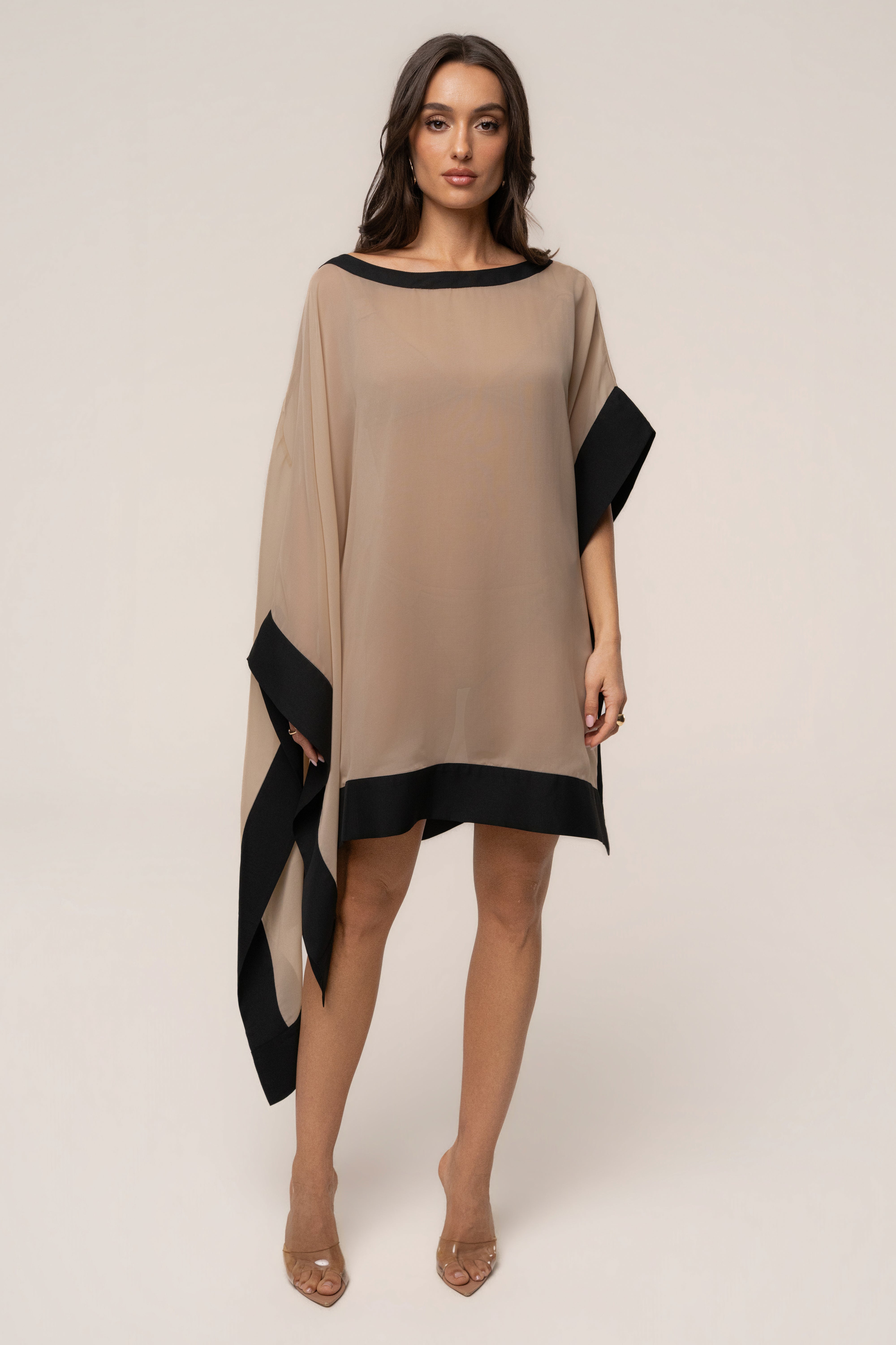 « Lysette » — Haut Poncho Contrasté, Beige