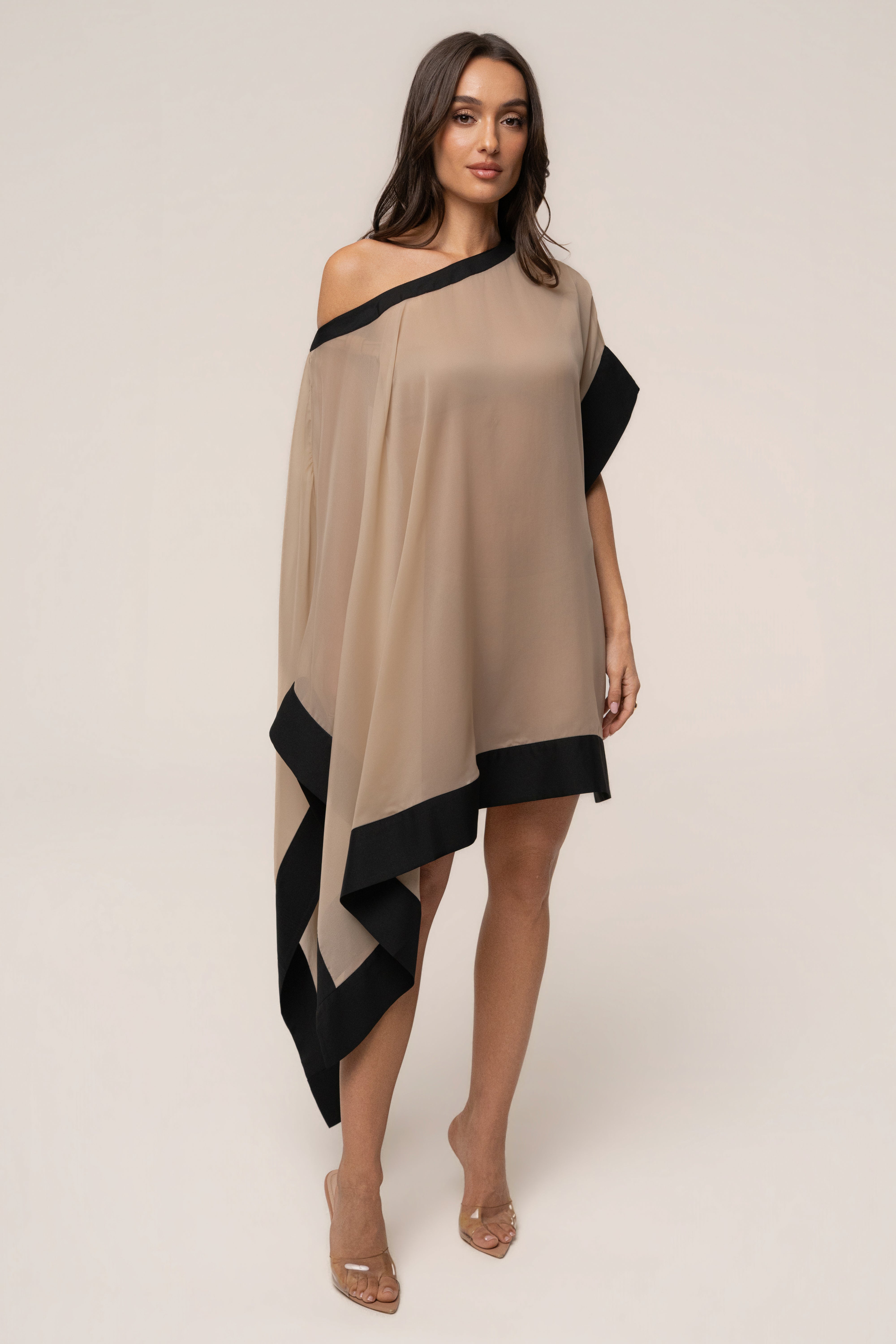 « Lysette » — Haut Poncho Contrasté, Beige