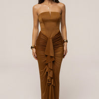 « Isabella » — Robe Longue Bustier Drapée, Camel