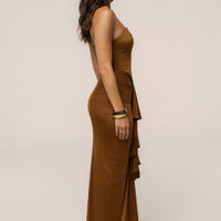 « Isabella » — Robe Longue Bustier Drapée, Camel