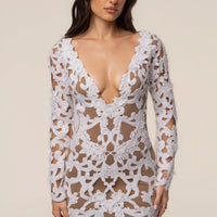 « Songe Floral » — Robe Courte Manches Longues, Blanc