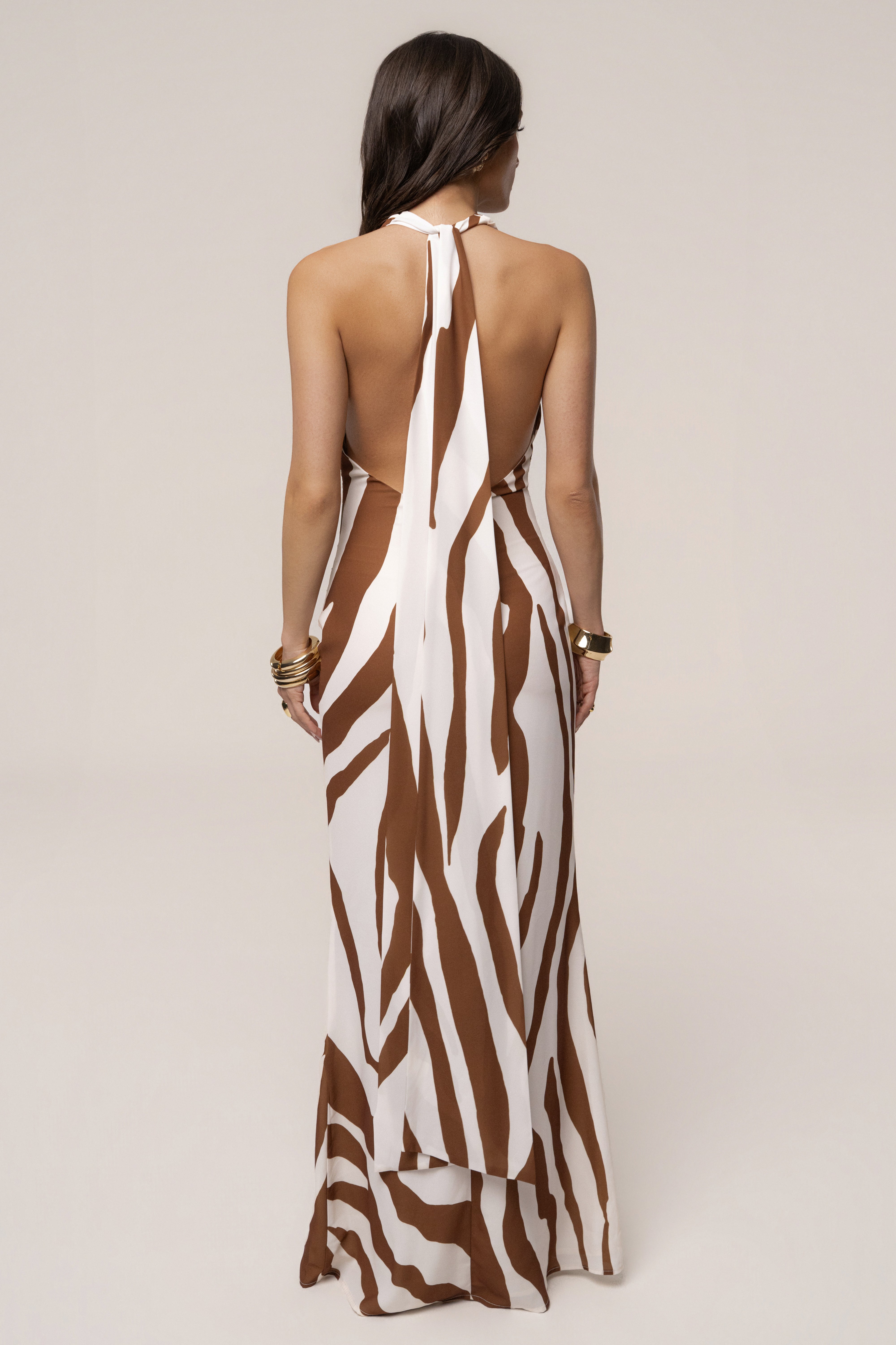 « Empreinte Sauvage » — Robe Longue Dos Nu Zébrée, Brun