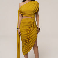 « Aris » — Robe Mi-Longue Découpée, Moutarde