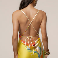 « Éden Tropical » — Robe Longue Fleurie en Satin, Jaune
