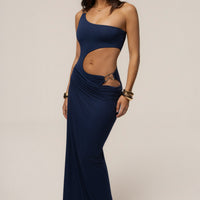 « Valentina » — Robe Longue Échancrée, Bleu Marine