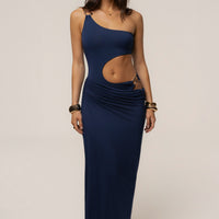 « Valentina » — Robe Longue Échancrée, Bleu Marine