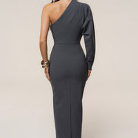 « Brume d’Argent » — Robe Midi Asymétrique, Gris
