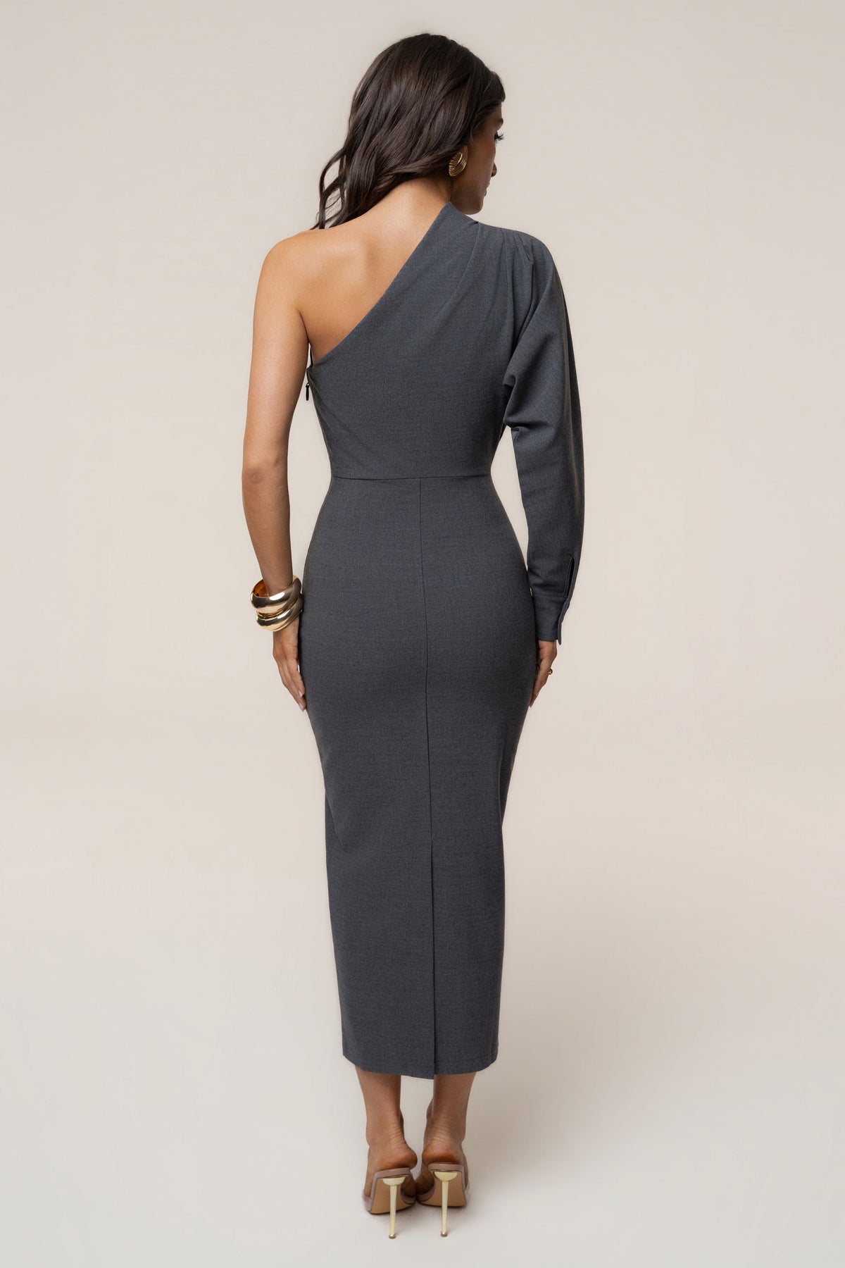 « Brume d’Argent » — Robe Midi Asymétrique, Gris