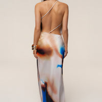 « Delmara » — Robe Longue Drapée Satinée, Multicolore