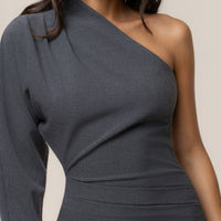 « Brume d’Argent » — Robe Midi Asymétrique, Gris