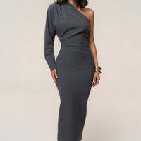 « Brume d’Argent » — Robe Midi Asymétrique, Gris