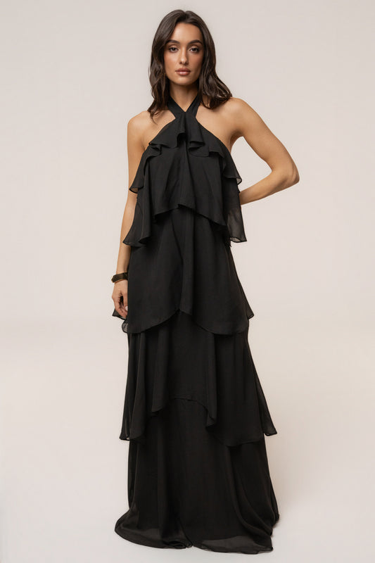 « Tête dans les Nuages » — Robe Longue en Mousseline, Noir