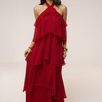 « Tête dans les Nuages » — Robe Longue en Mousseline, Rouge