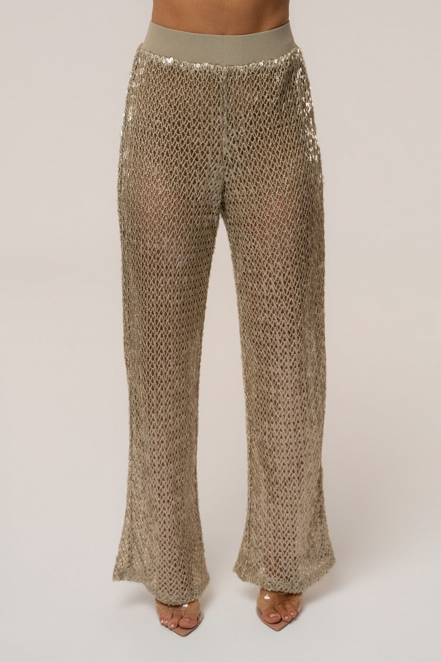 « Grand Large » — Pantalon Pailleté Jambe Droite, Vert Sauge
