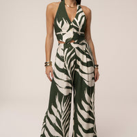 « Songe Tropical » — Ensemble Pantalon Large Imprimé Palmier, Vert Olive