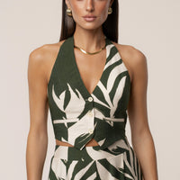 « Songe Tropical » — Ensemble Pantalon Large Imprimé Palmier, Vert Olive