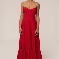 « Romance Fluide » — Robe Longue Bustier Volantée, Rouge