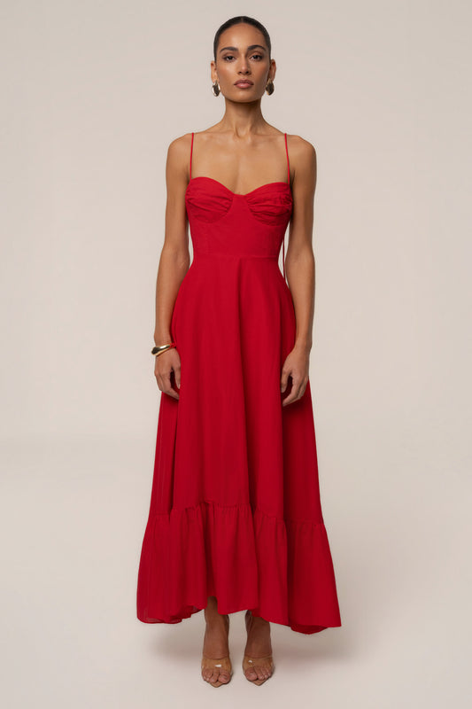 « Romance Fluide » — Robe Longue Bustier Volantée, Rouge