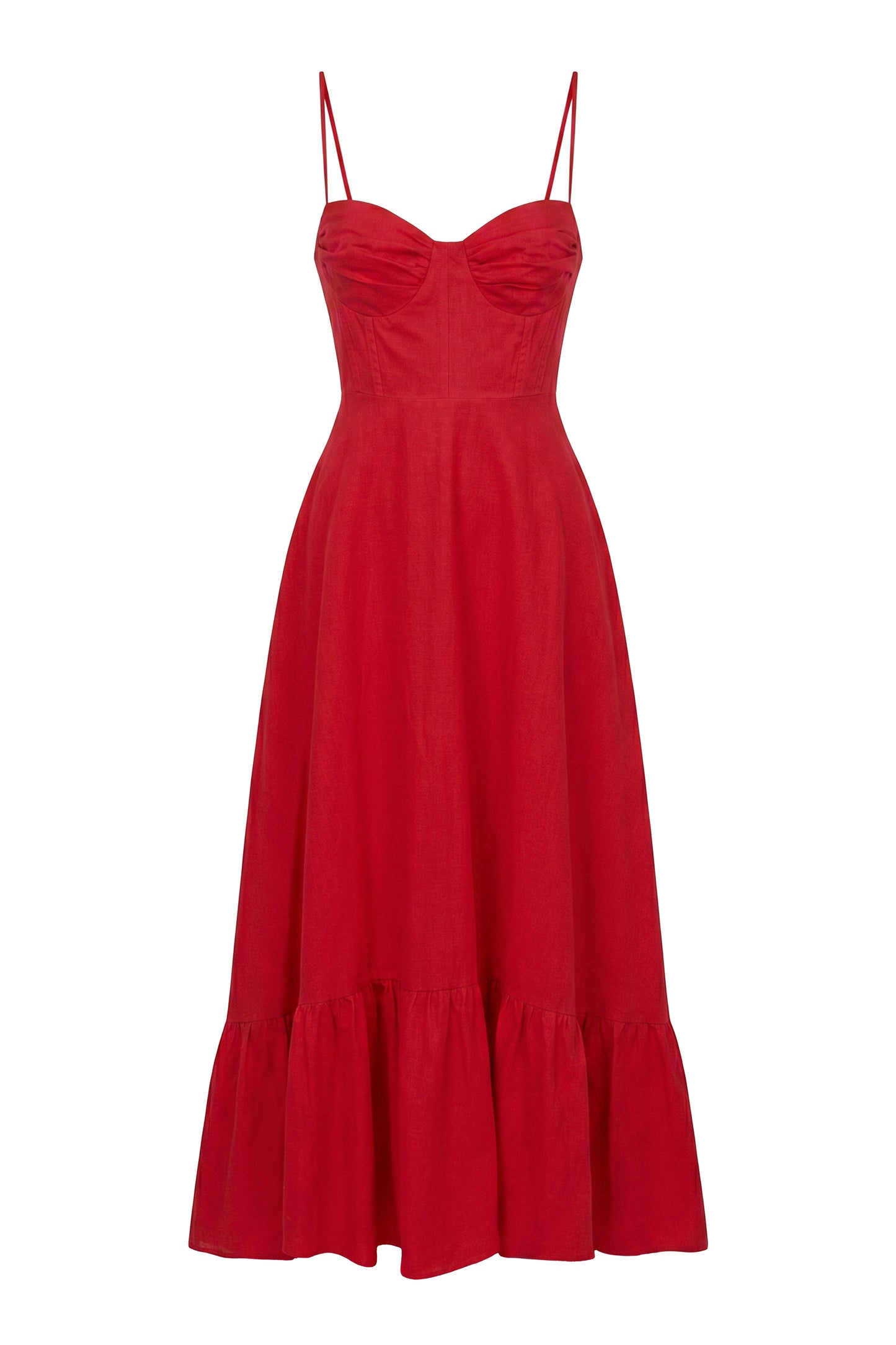 « Romance Fluide » — Robe Longue Bustier Volantée, Rouge