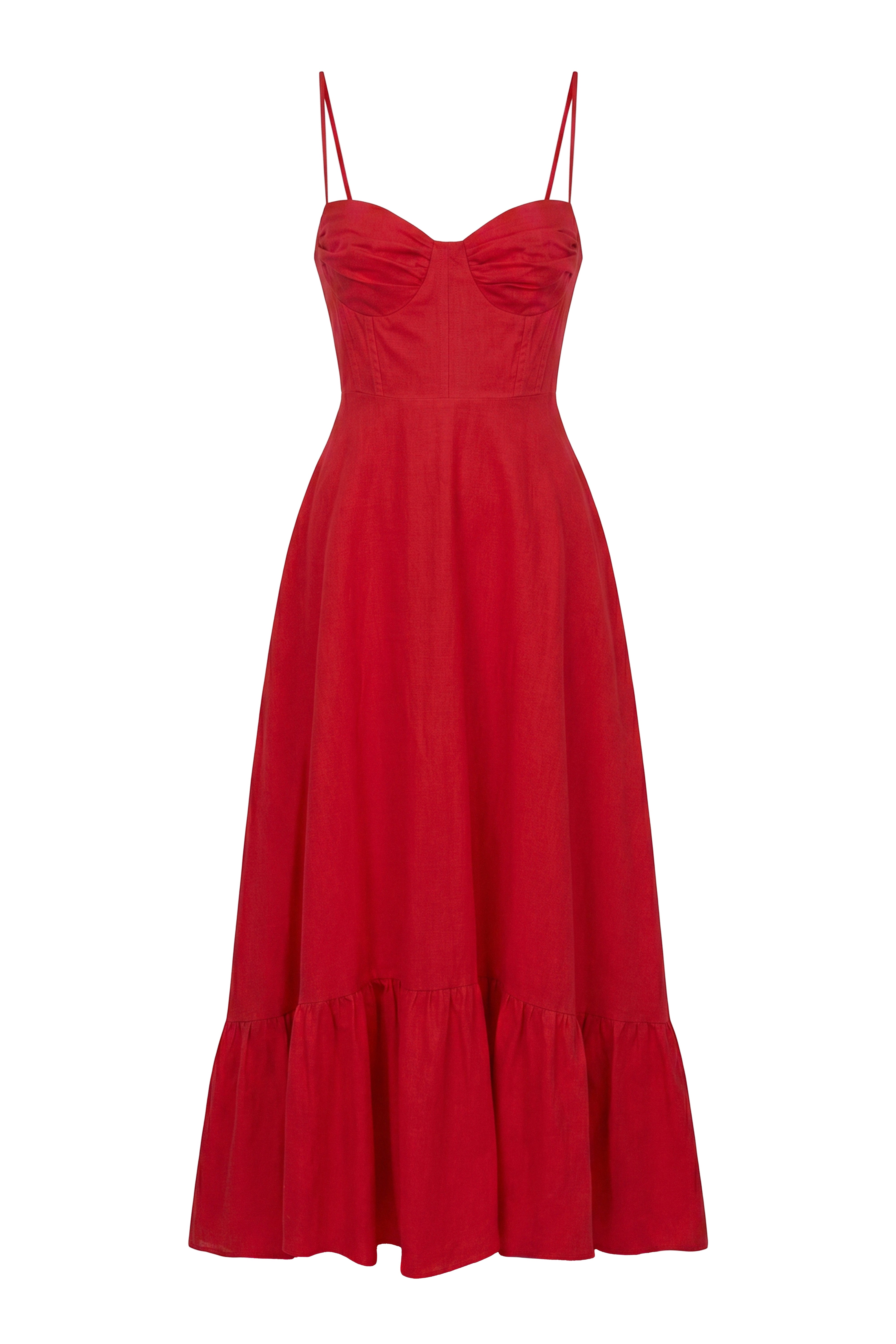 « Romance Fluide » — Robe Longue Bustier Volantée, Rouge