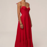 « Romance Fluide » — Robe Longue Bustier Volantée, Rouge
