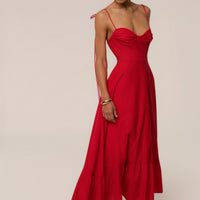 « Romance Fluide » — Robe Longue Bustier Volantée, Rouge