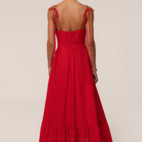 « Romance Fluide » — Robe Longue Bustier Volantée, Rouge
