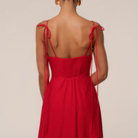 « Romance Fluide » — Robe Longue Bustier Volantée, Rouge
